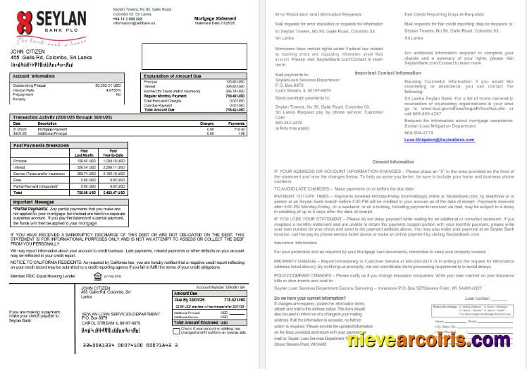 Sri Lanka Seylan Bank mortgage statement, 2 pages